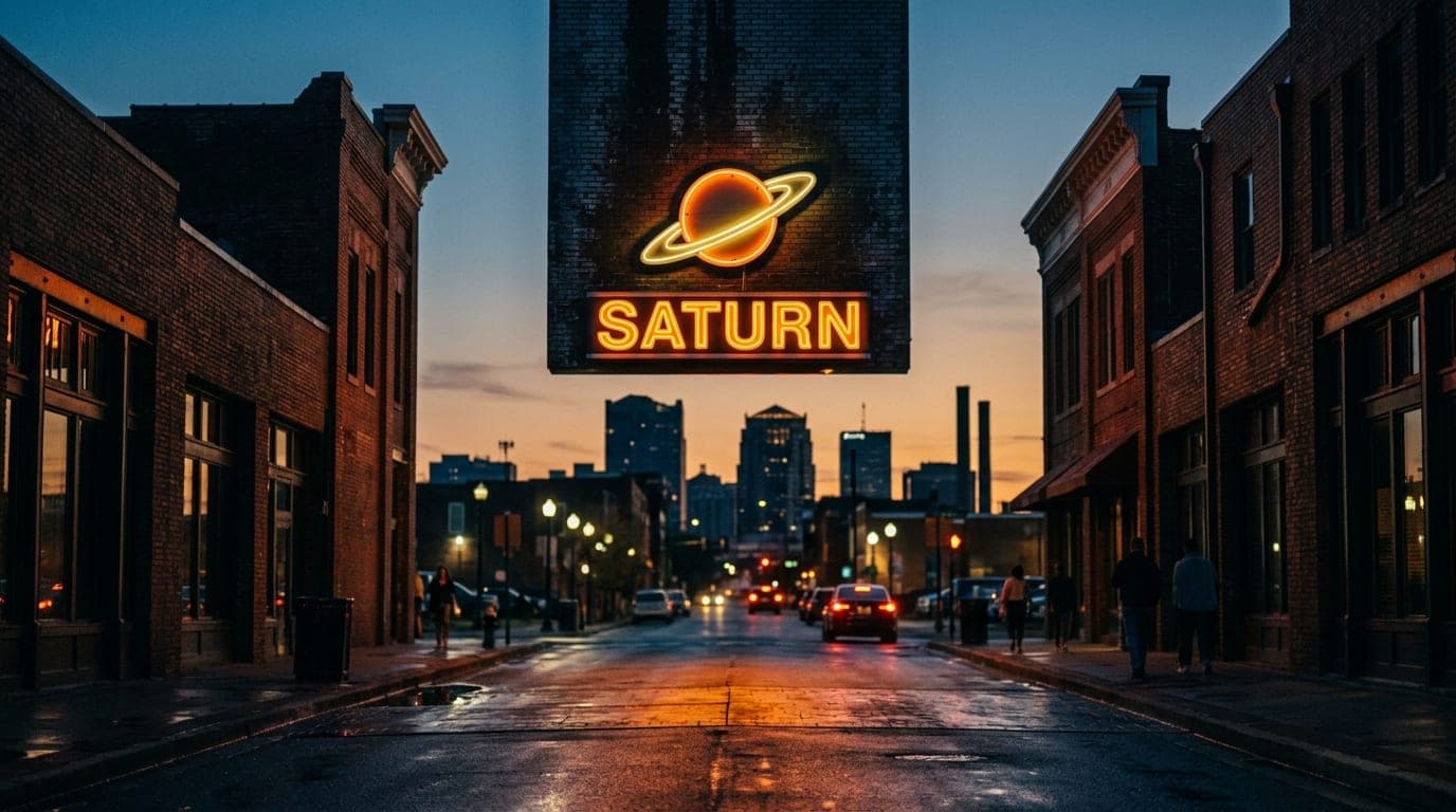 A 24mm wide-angle, symmetric shot of the Saturn sign’s neon glow illuminating the dark Avondale exterior at dusk. The vibr...