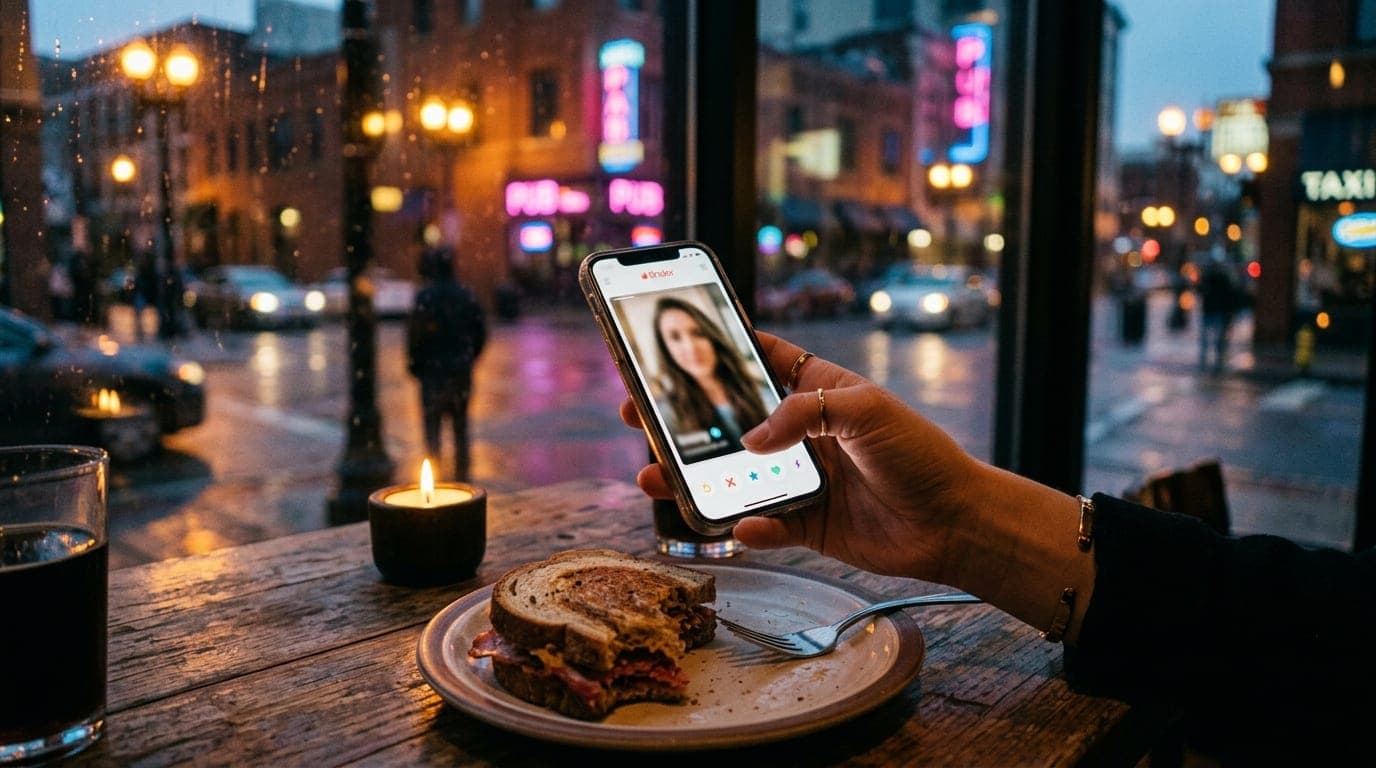 A tight, candle-lit close-up of a hand holding a smartphone displaying an active Tinder swipe session, resting on a rustic...