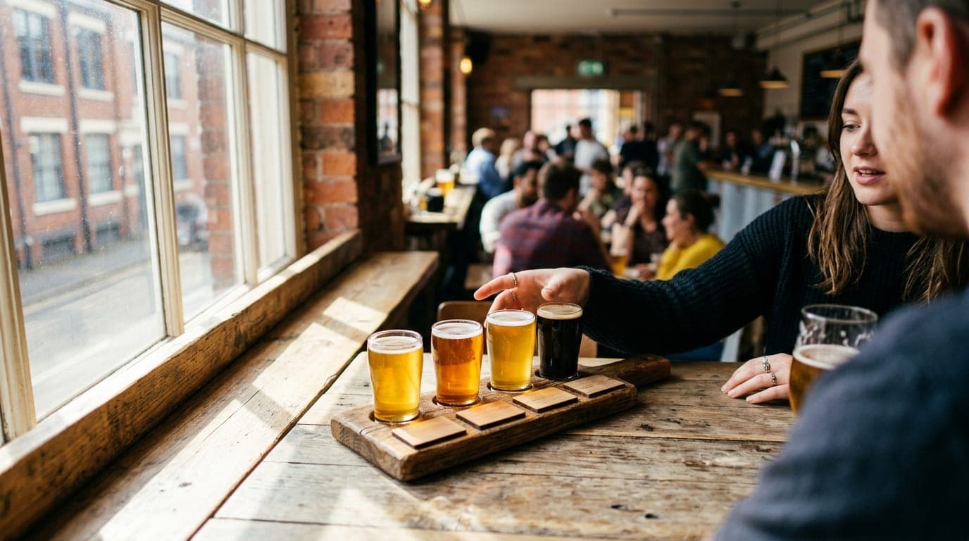 Noon natural light streams through a window onto a craft beer flight on a rustic wooden table at a brewery, with blurred p...