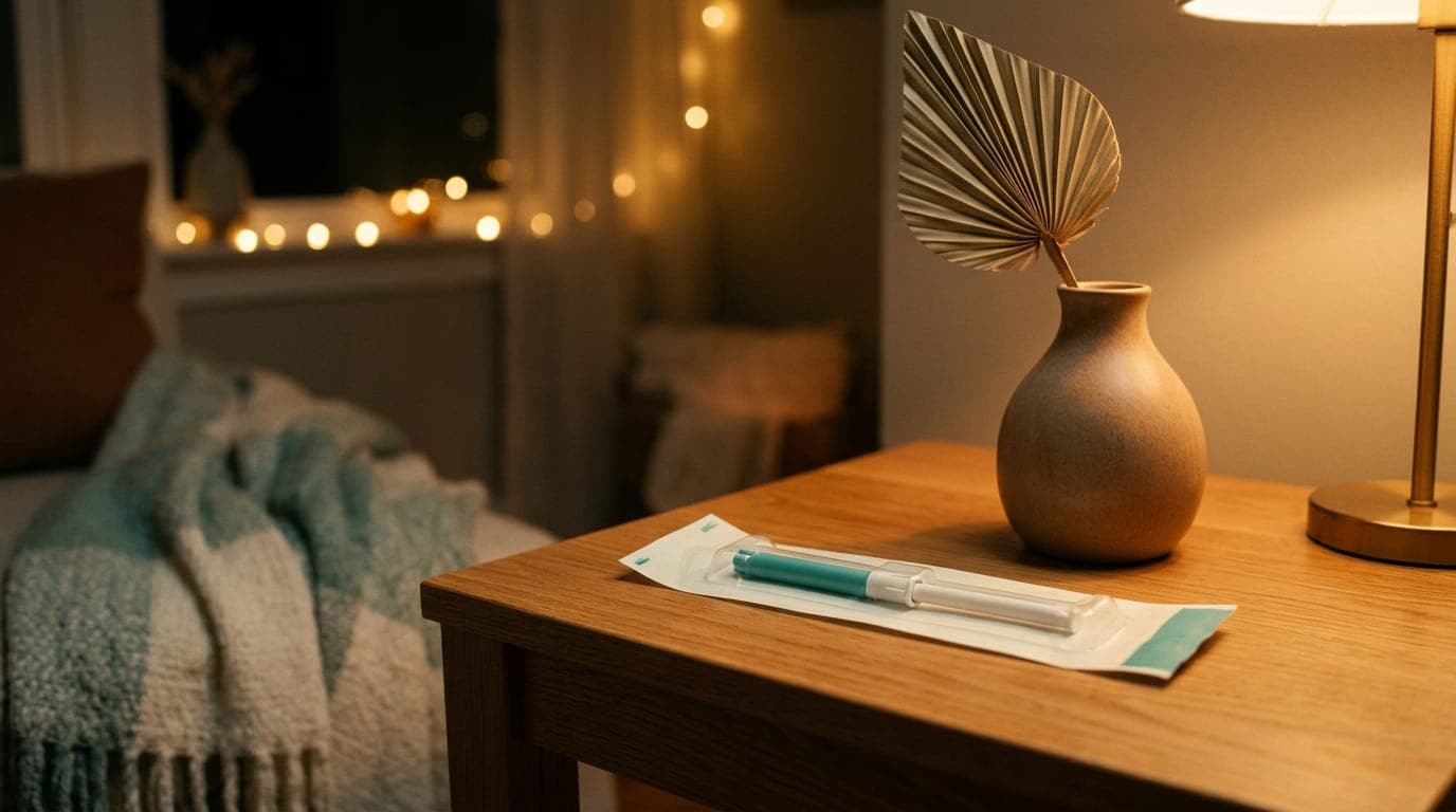 A wide, eye-level shot captures a polished oak side table at night. A sterile, unopened IUD applicator sits beside a singl...