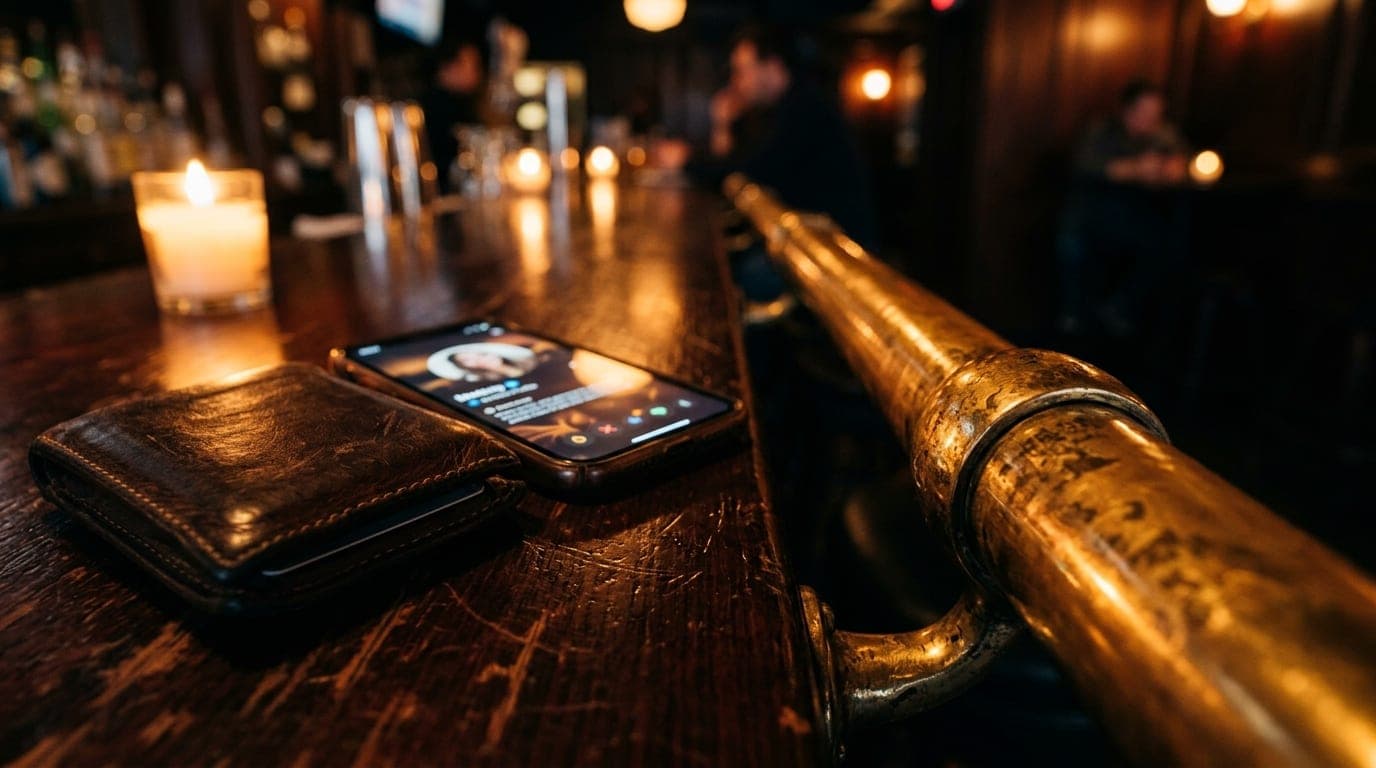 Extreme macro of a brass bar rail in a dim Bloomington tavern. A leather wallet rests beside an open, verified profile on...