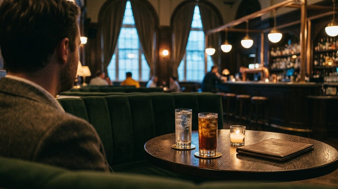 Over-the-shoulder view from a dark, velvet-backed booth at The Atlas Ballroom. Selective focus on two high-ball glasses sw...