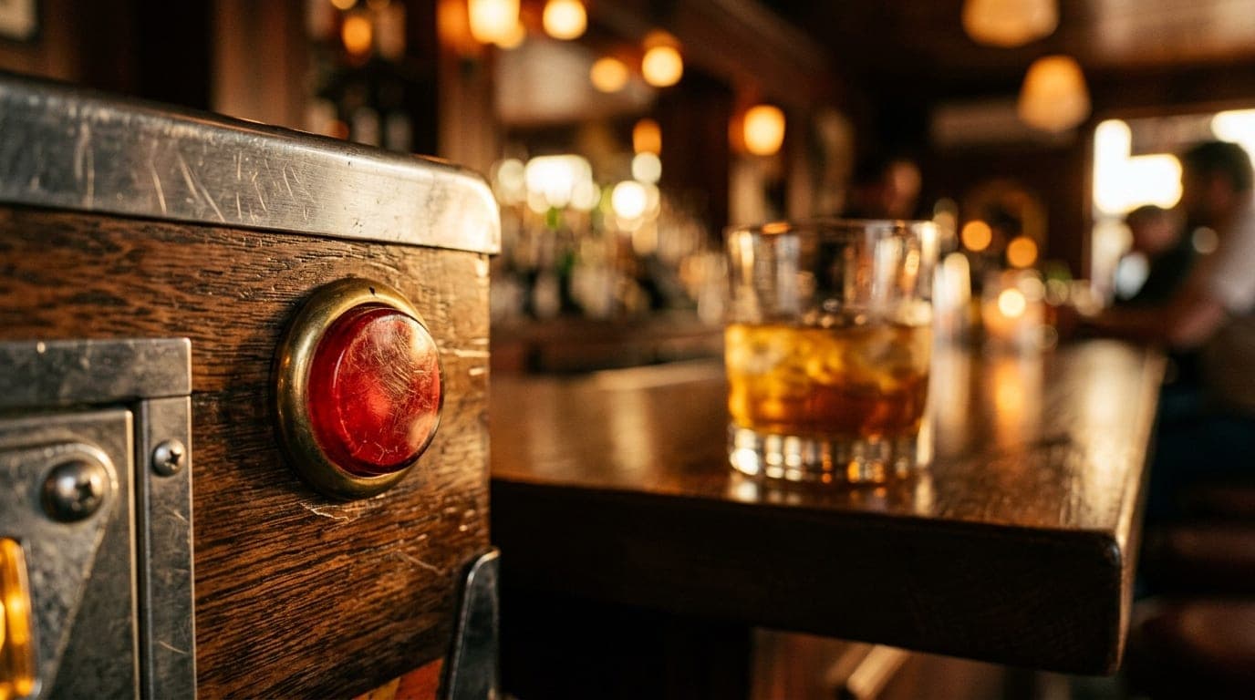 A warm, golden-hour macro shot captures a pinball machine button at the Orbit Room. A glass of amber whiskey sits blurred...