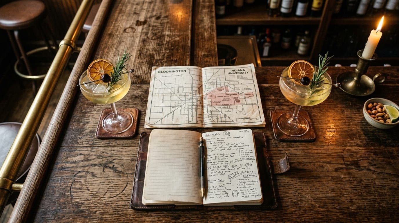 Overhead flat-lay, 24mm wide-angle. Two half-poured gin cocktails sit on a weathered oak bar at a dim Bloomington tavern....
