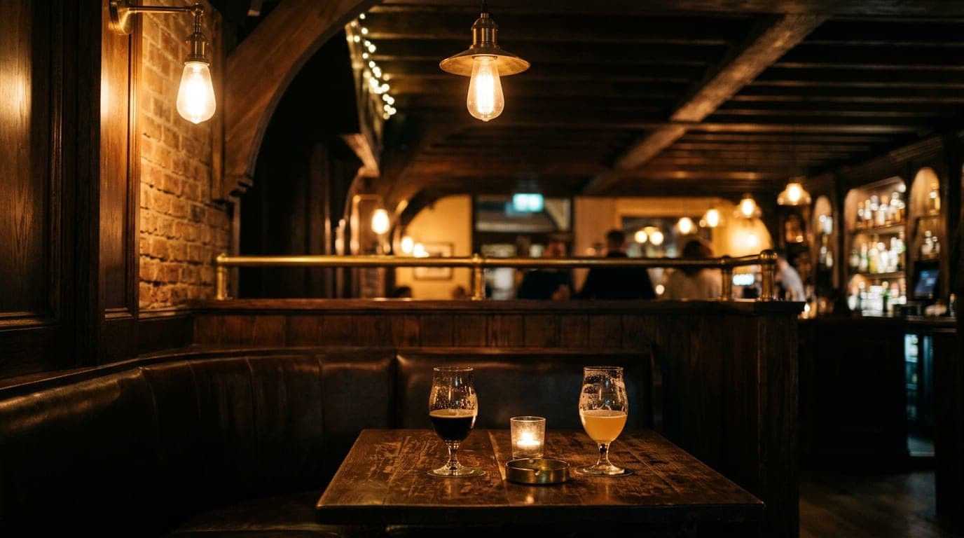 A wide, low-angle shot of a dimly lit, corner booth at The Bishop Bar. Two half-empty craft beer glasses sit on the scarre...