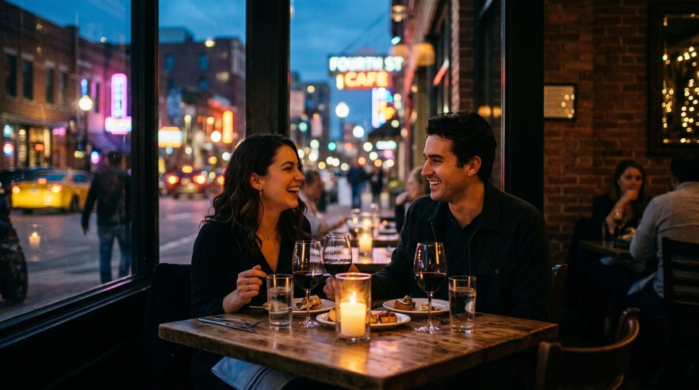 A medium shot of a couple sharing a quiet, candle-lit table at an intimate Fourth Street restaurant. Tilt-shift focus blur...
