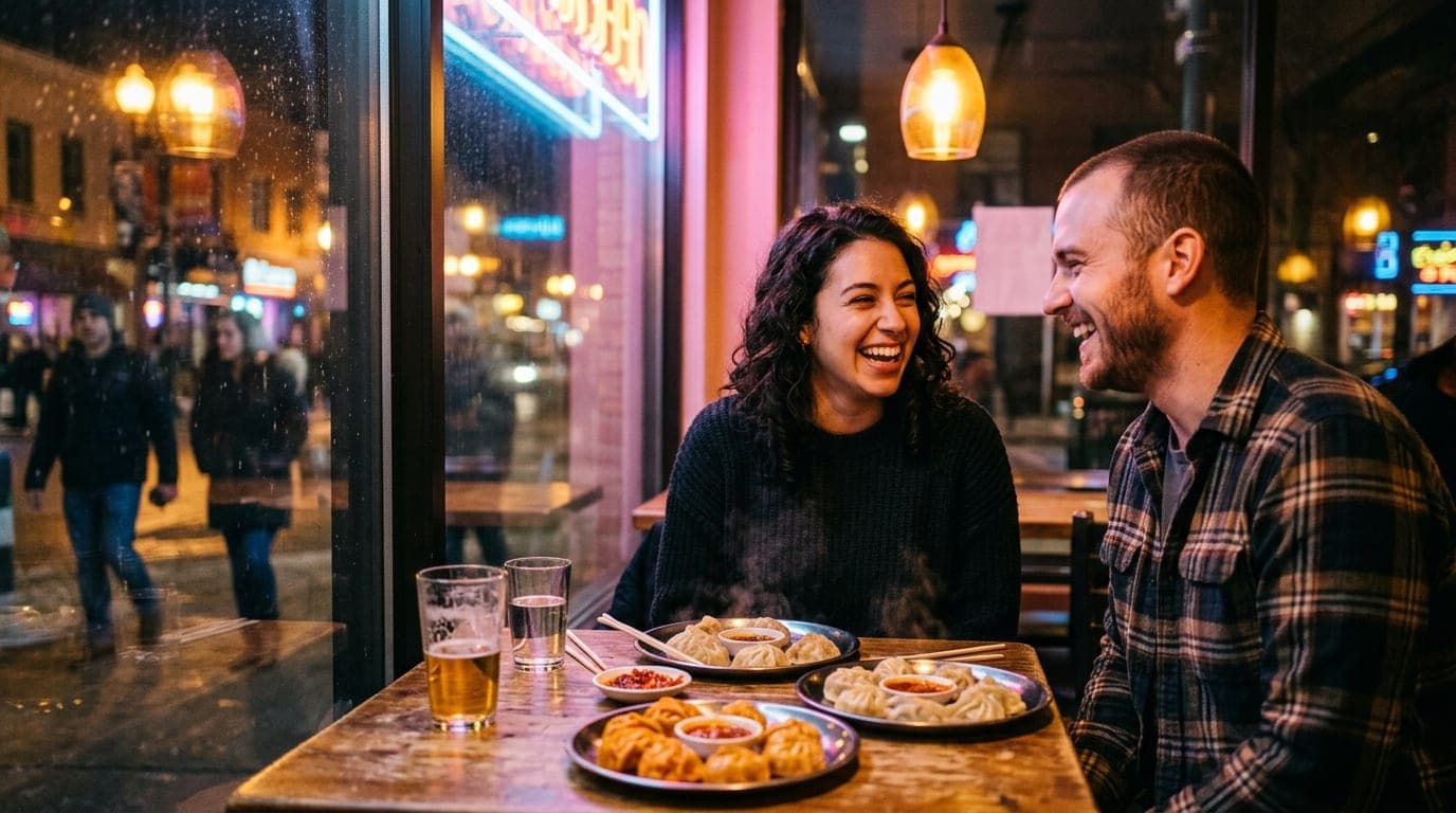 A couple laughs over vibrant, steaming plates of Tibetan momos at a Fourth Street restaurant. Warm, ambient interior light...