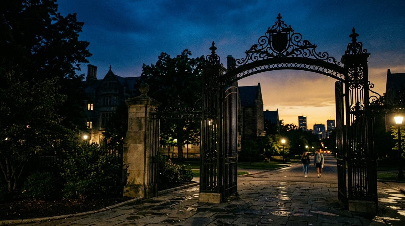 A low-angle, 35mm shot of the Sample Gates at midnight. The iron structure is offset right, silhouetted against the dark b...