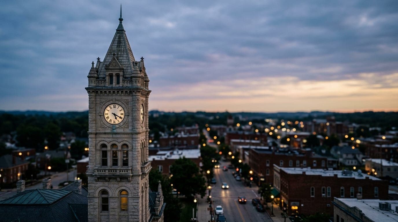 An 85mm portrait shot, shallow depth of field, focused on the historic Monroe County Courthouse clock tower at dawn. The o...