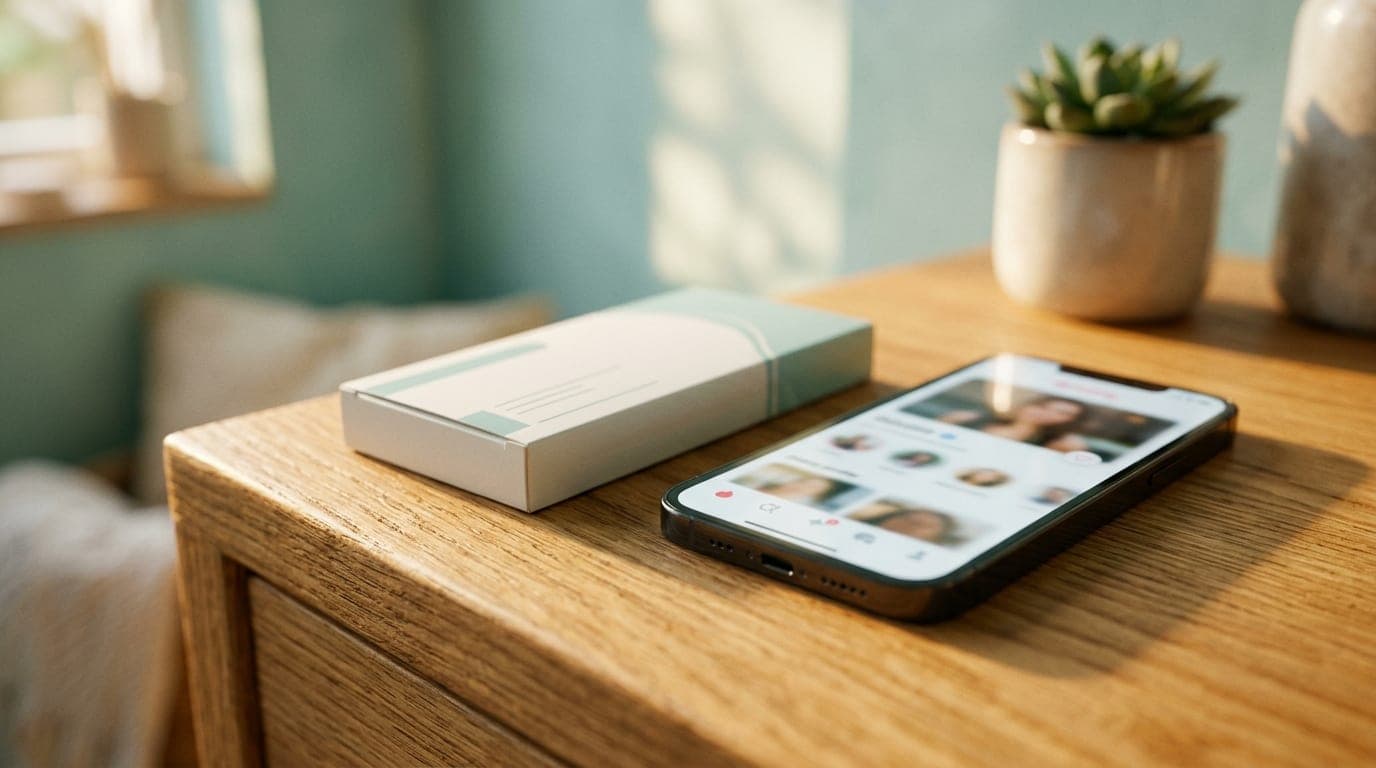 Extreme macro shot of a sleek, modern smartphone resting on a sun-drenched wooden vanity. The screen displays a blurry dat...