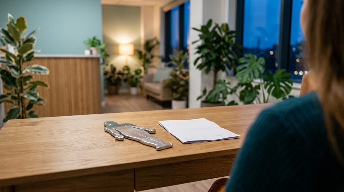 A sleek clinical desk sits bathed in cool blue-hour light. A single silver anatomical mirror lies offset left next to a ne...