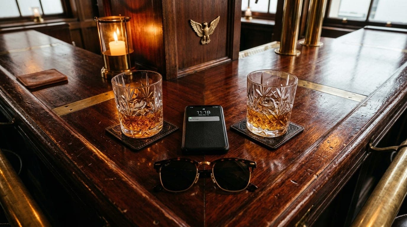 Overhead flat-lay of a polished mahogany bar in Eagle, featuring two crystal tumblers half-filled with amber whiskey, a sl...