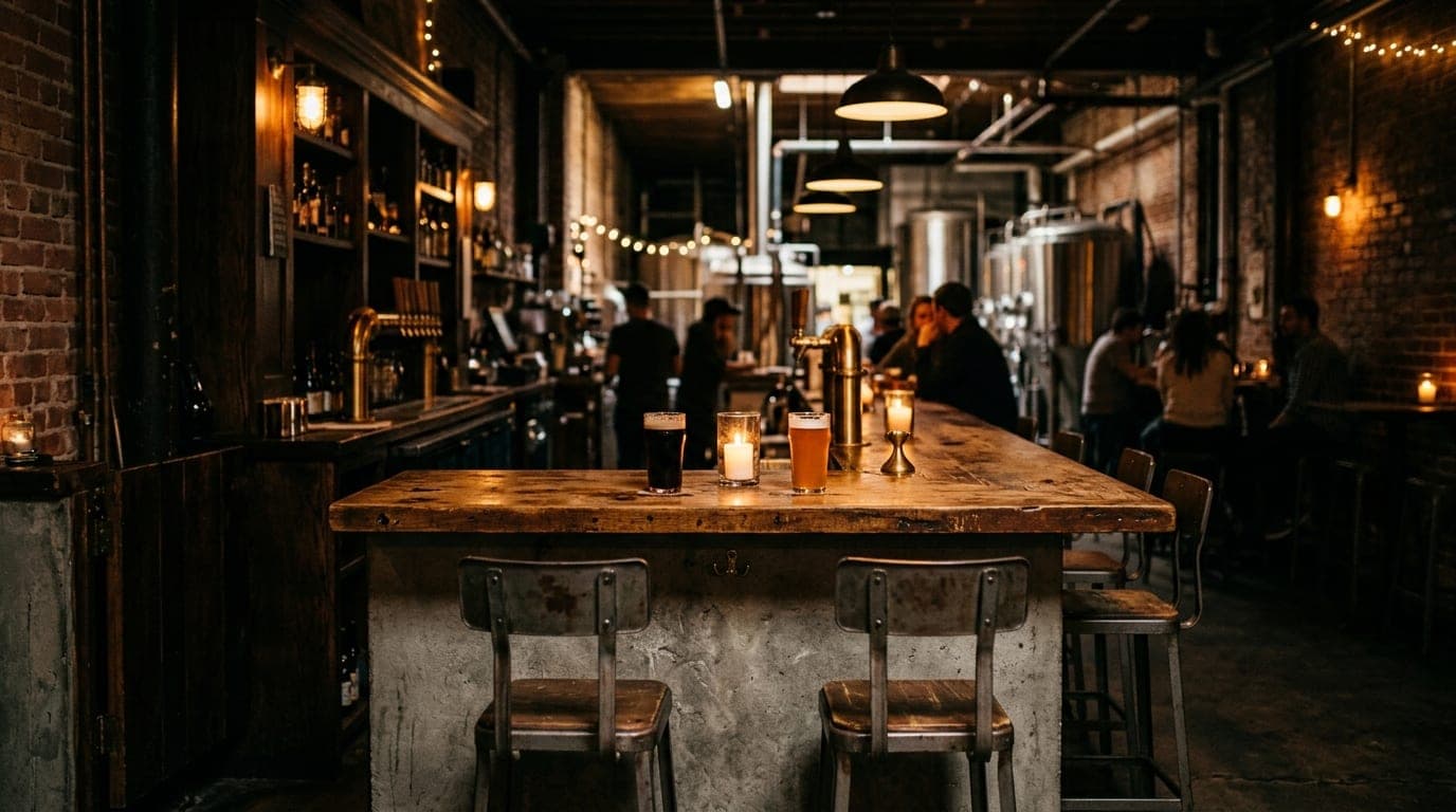 A wide shot of a moody Garden City brewery interior at night. Two stools face a concrete bar with two half-filled craft be...