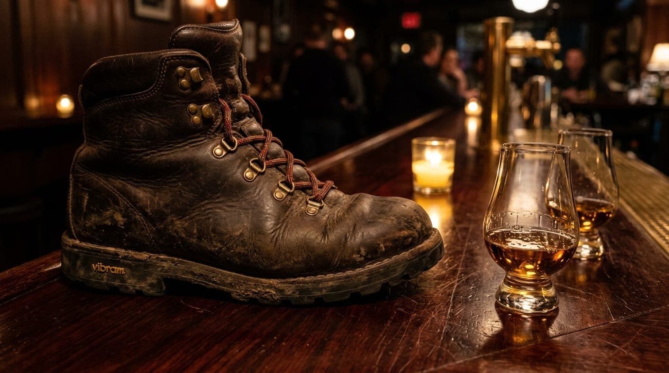 A tight, macro-lens shot of a leather hiking boot resting on a polished mahogany bar top next to two half-filled whiskey g...