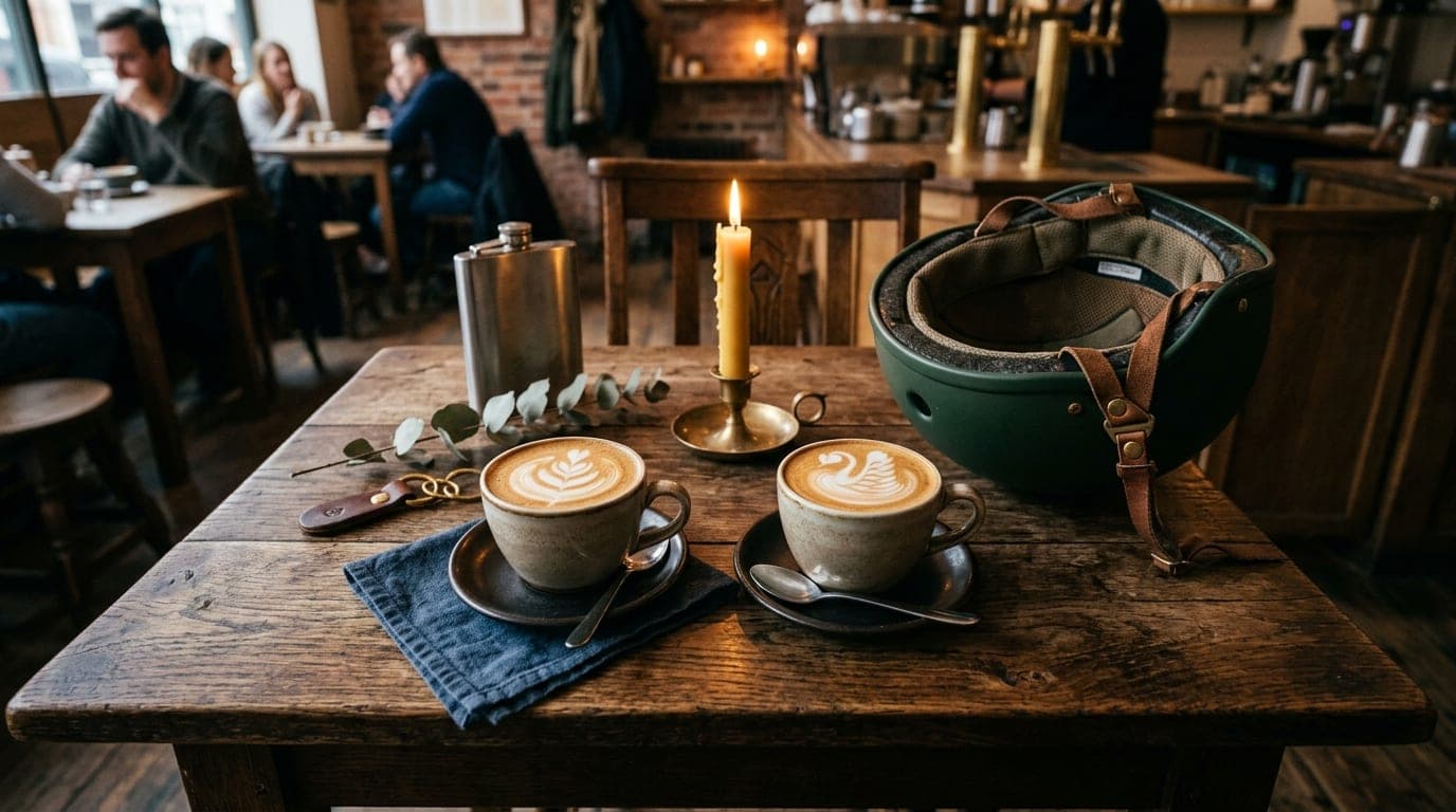 Overhead flat-lay of a small café table at Push & Pour. Two ceramic mugs with intricate latte art sit beside a vintage roa...