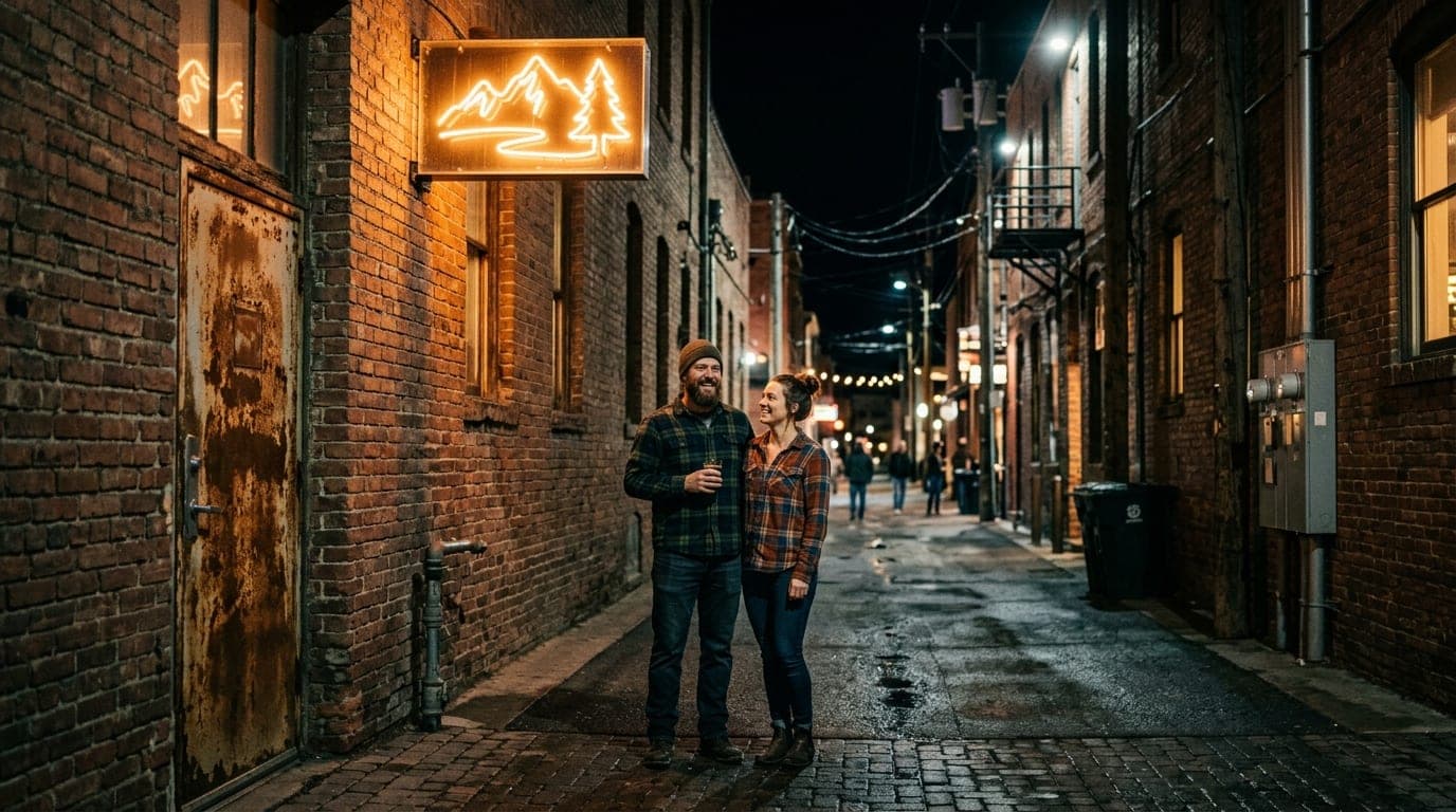 A centered, wide-angle shot of a downtown Bozeman brick alleyway at night. A couple in flannel shirts stands by a rusted m...