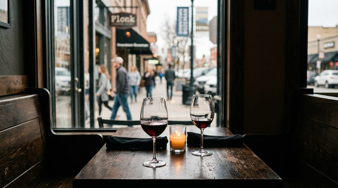 A medium shot from a deep, candle-lit booth at Plonk. Two empty, half-filled wine glasses sit on a dark wood table in the...