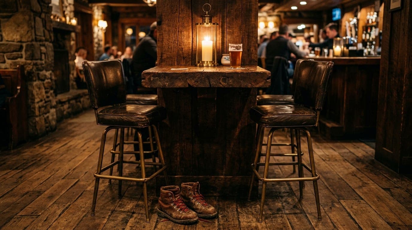 A medium shot of two leather barstools at a dim, mountain-style tavern. A pair of worn leather hiking boots sit on the flo...