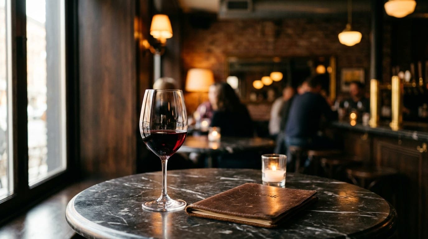 A close-up shot of a polished wine glass half-filled with red wine and a small leather-bound menu on a dark marble bistro...