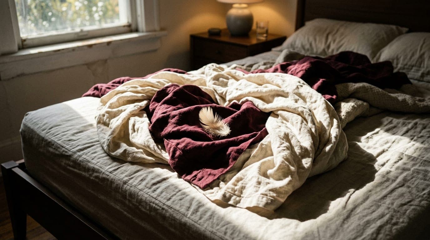 A pair of loose linen sheets tangled at the center of a rumpled mattress, a single feather resting on the fabric, bathed i...