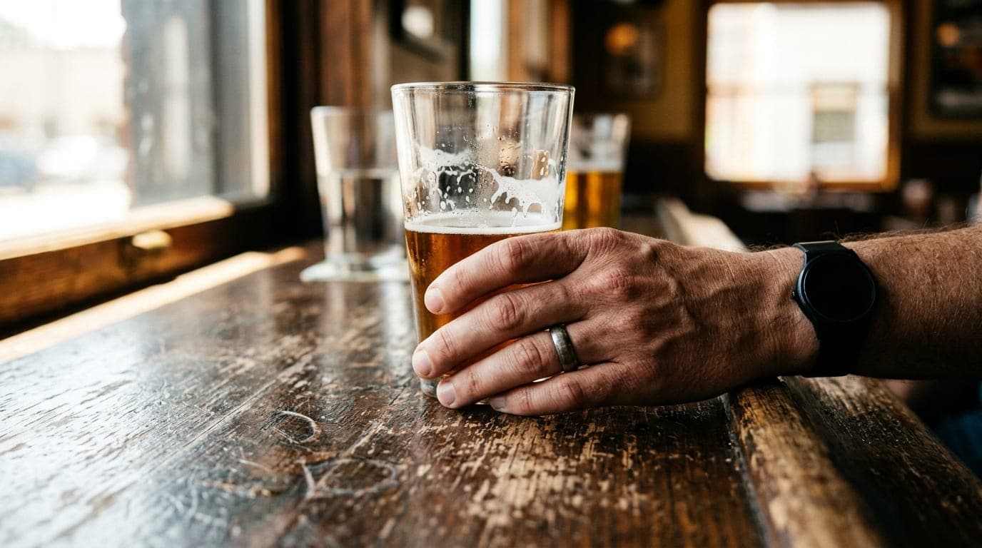 A close-up, 100mm macro shot captures a hand resting on a weathered, wooden bar top at a Black Rock tavern, clutching a ha...