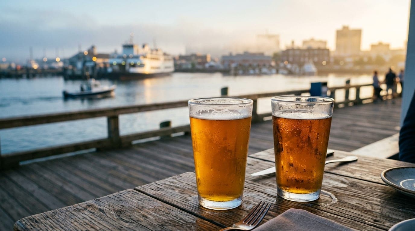 A tilt-shift, golden-hour shot focuses on two chilled craft beer glasses on a weathered wooden table at Boca Oyster Bar, w...