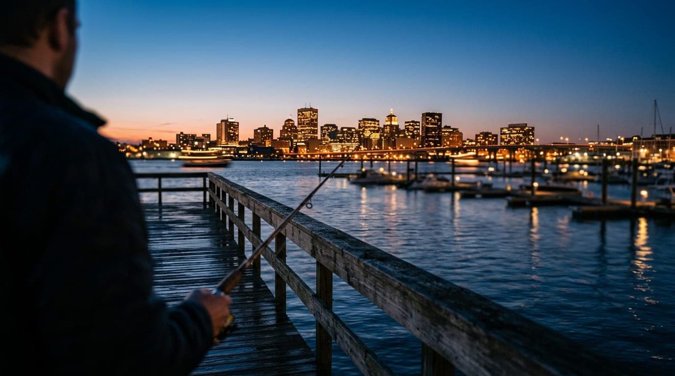 A tilt-shift, over-the-shoulder view from a Black Rock harbor pier at blue hour, focusing on the distant, glowing Bridgepo...