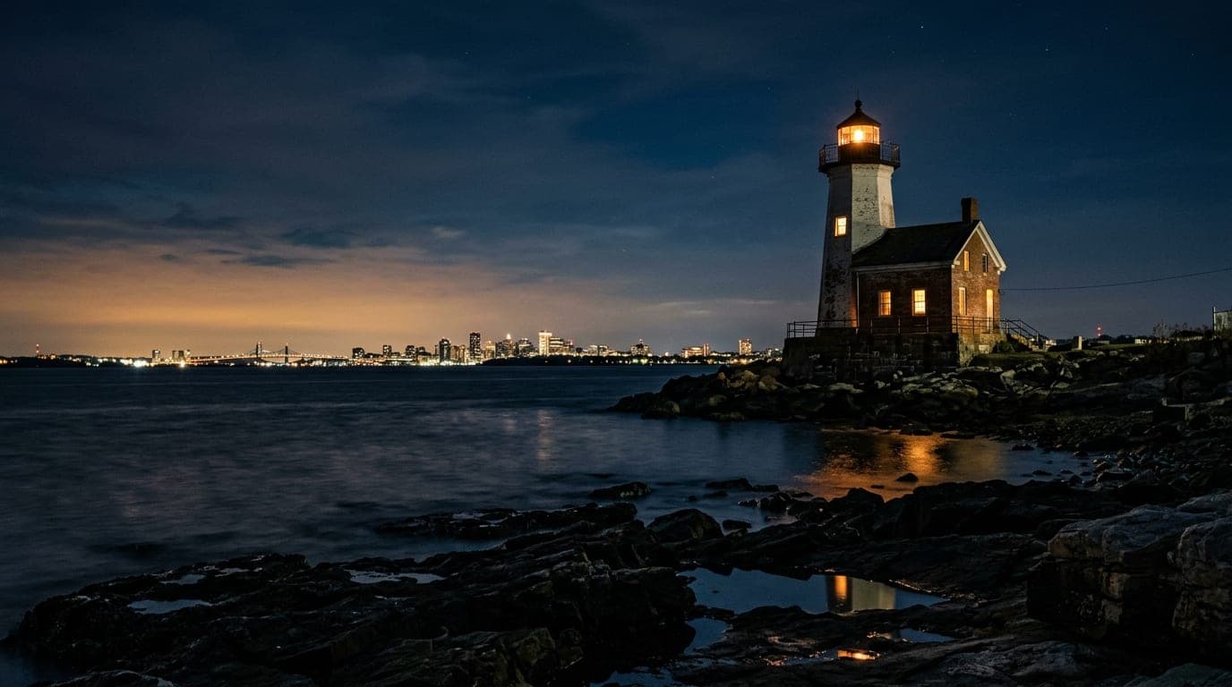A low-angle, 35mm hero shot of the Steelpoint lighthouse at midnight. The structure stands offset right, illuminated by de...