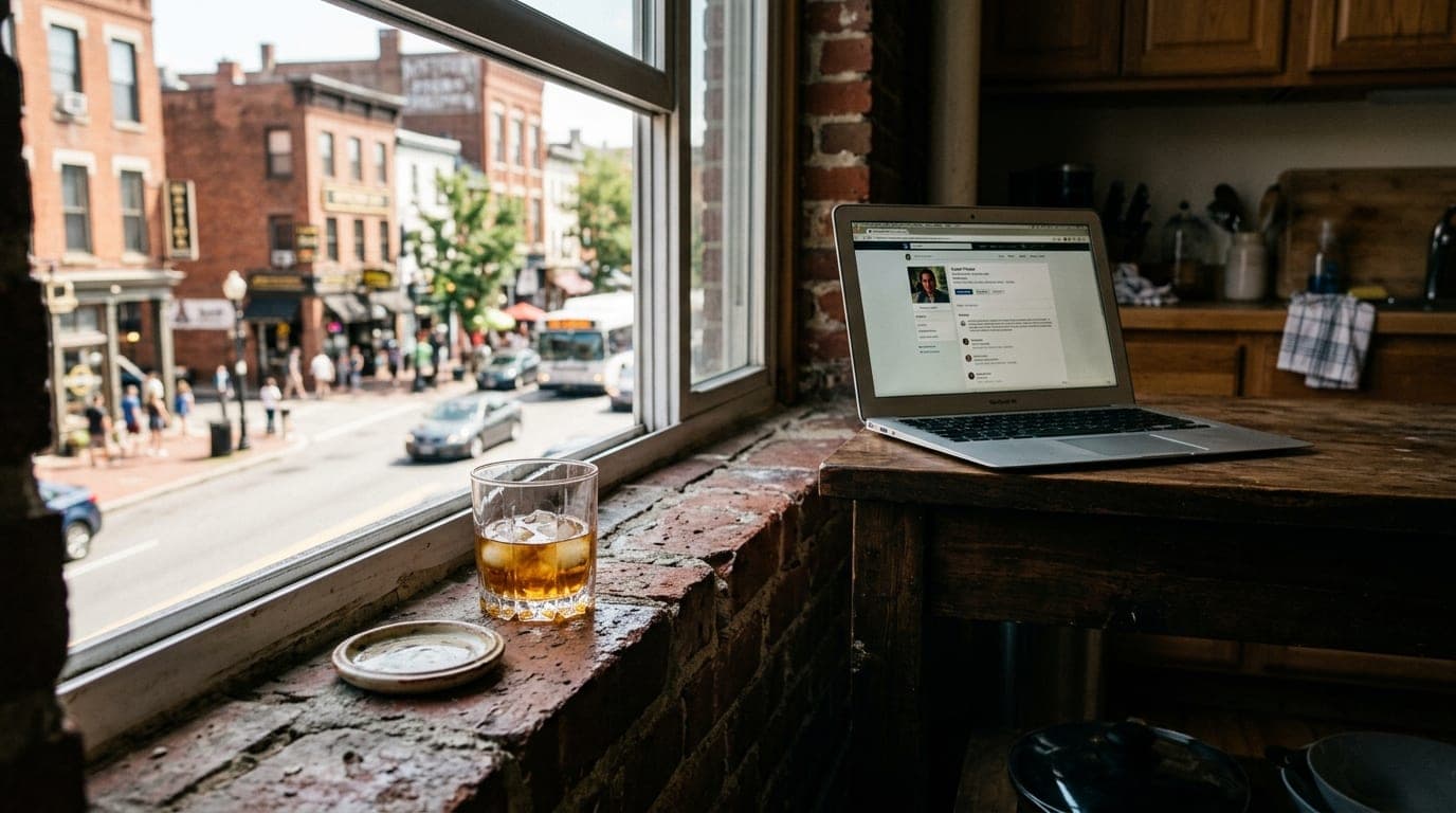 Noon sunlight streams through a window, illuminating a laptop displaying a profile on a kitchen island. Beside it, a singl...