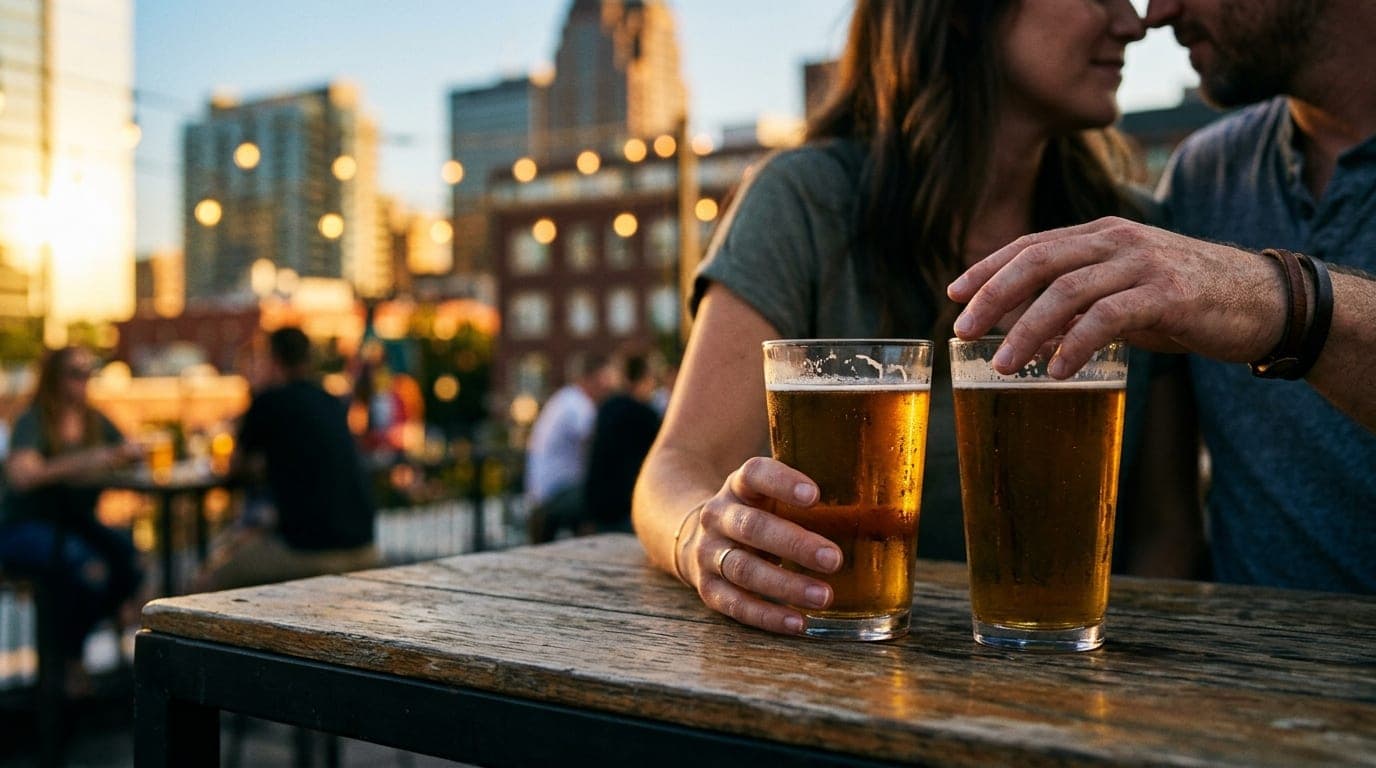 35mm documentary shot at golden hour. A couple sits at a high-top table at The Rooftop, hands hovering over two sweating p...