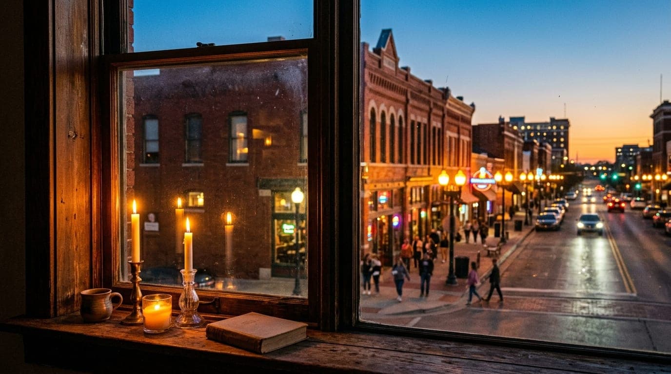 A warm candle-lit interior window frames the glowing, dusk-lit streetlamps of the Rose District. The brick architecture of...