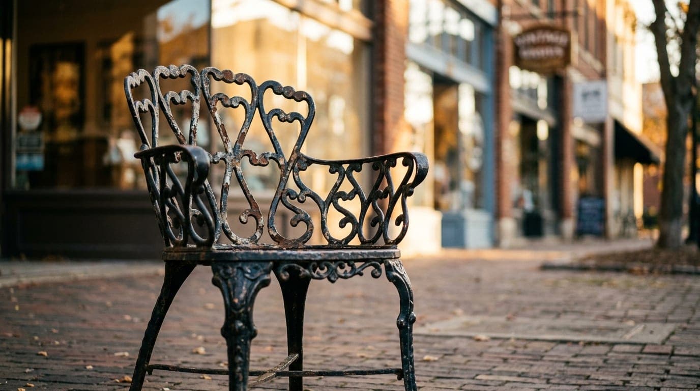 A close-up 85mm shot captures a weathered, ornate wrought-iron patio chair at Laurannae Baking Co., bathed in noon sunligh...