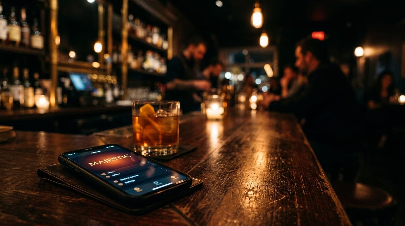 A low-angle 85mm shot at a dark wooden bar in the Rose District. A blurred cocktail sits beside a glowing smartphone displ...