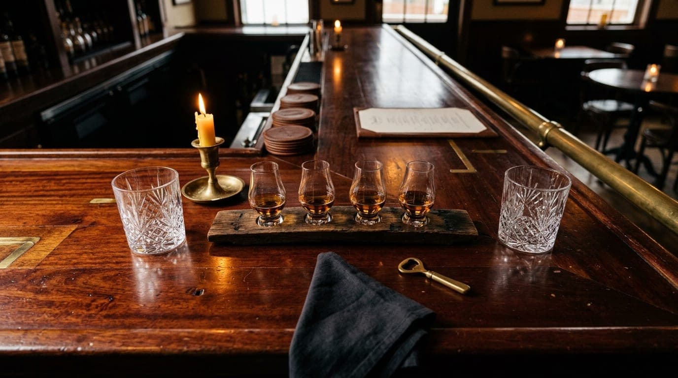 An overhead flat-lay shot of a dark whiskey flight and two crystal tumblers resting on a polished mahogany surface at Fran...