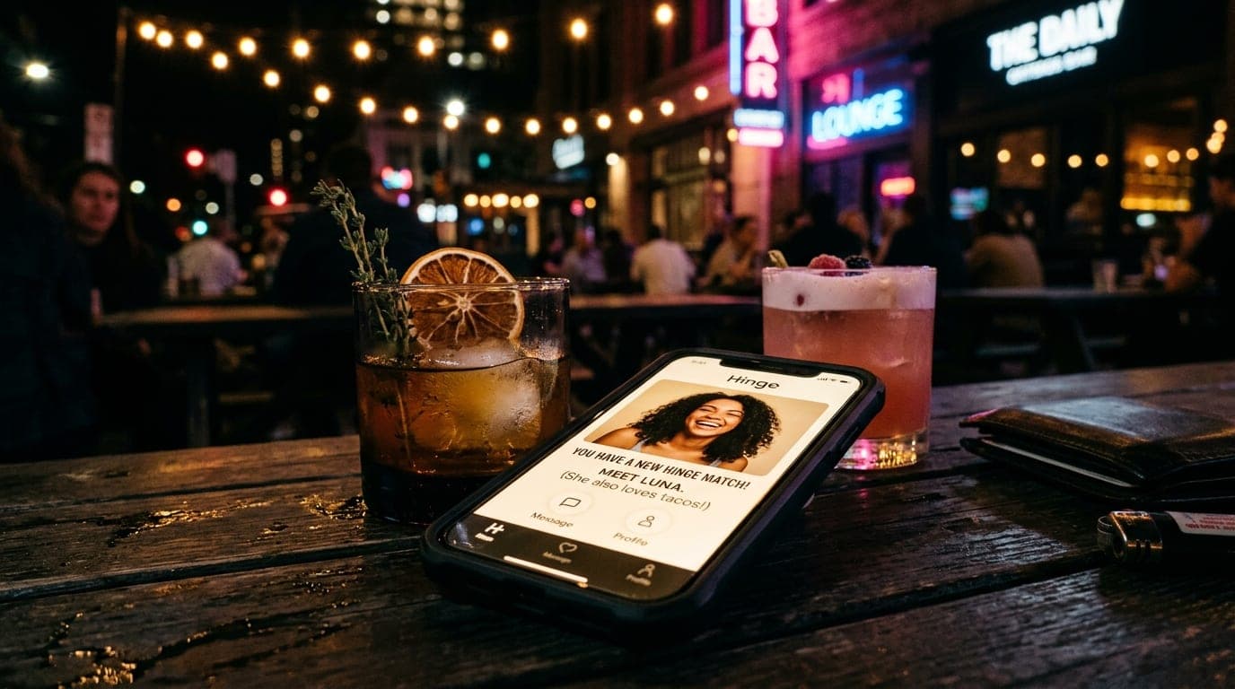 A 100mm macro shot captures a glowing smartphone screen displaying a Hinge match notification, resting on a dark outdoor p...