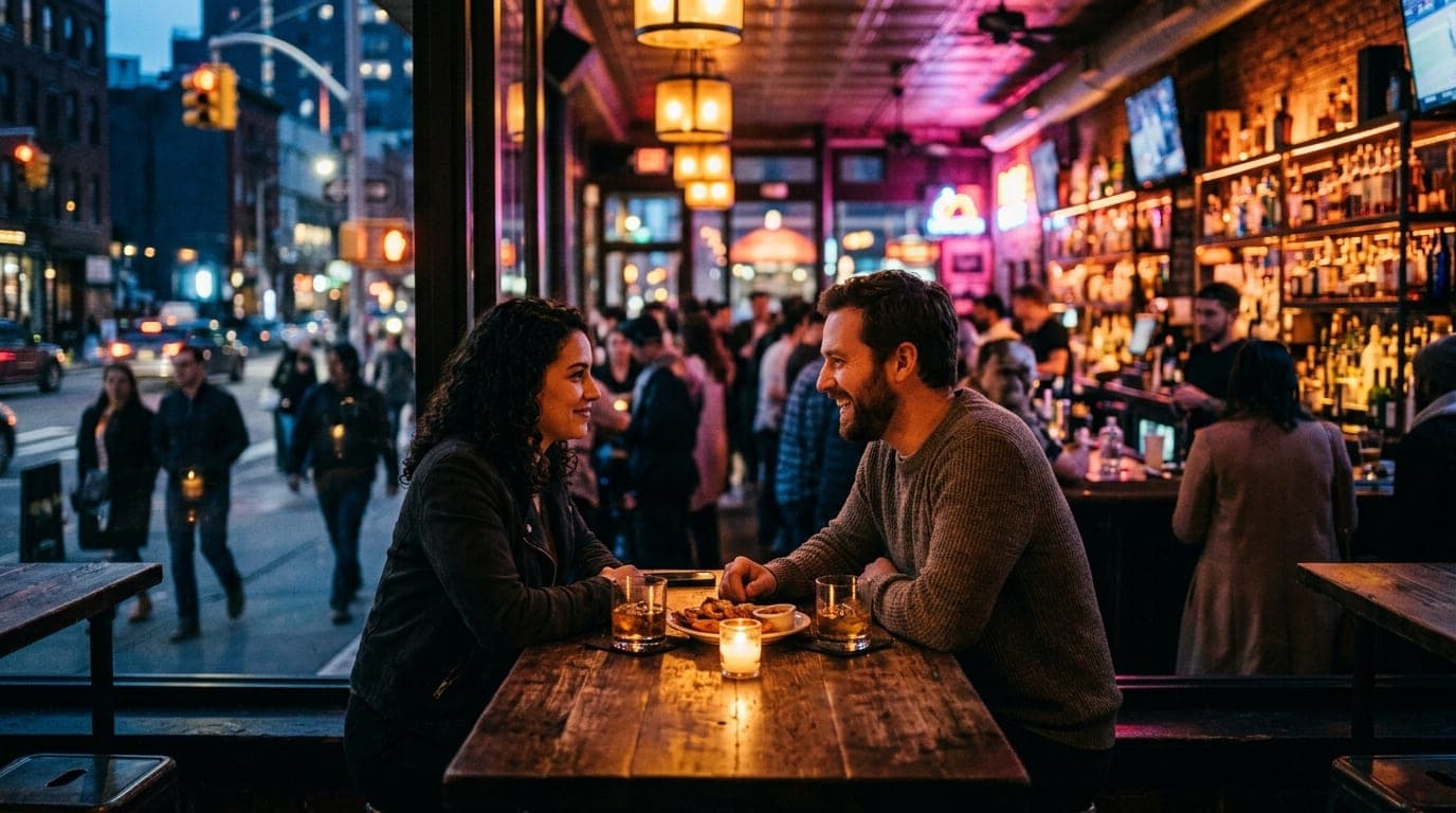 Medium shot, tilt-shift selective focus. A couple sits at a moody, candle-lit wooden table at Franklin’s Pork and Barrel....