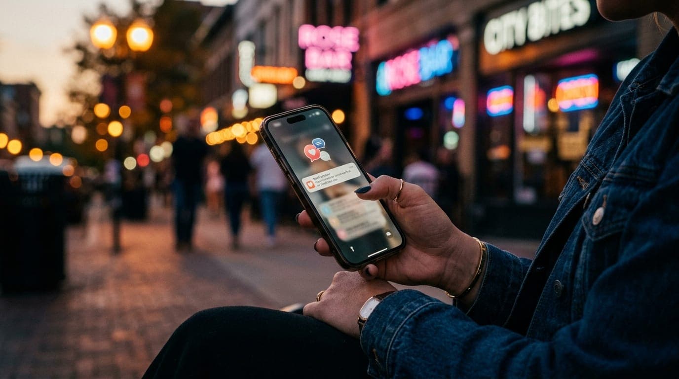 Macro extreme close-up of a smartphone screen displaying a Tinder match notification, held by a person wearing a denim jac...