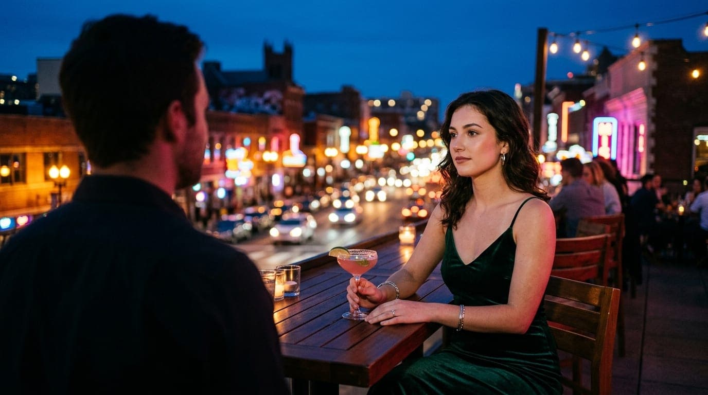 A woman in a velvet slip dress sits at a polished wooden table at The Rooftop, holding a cocktail. Main Street’s glowing b...