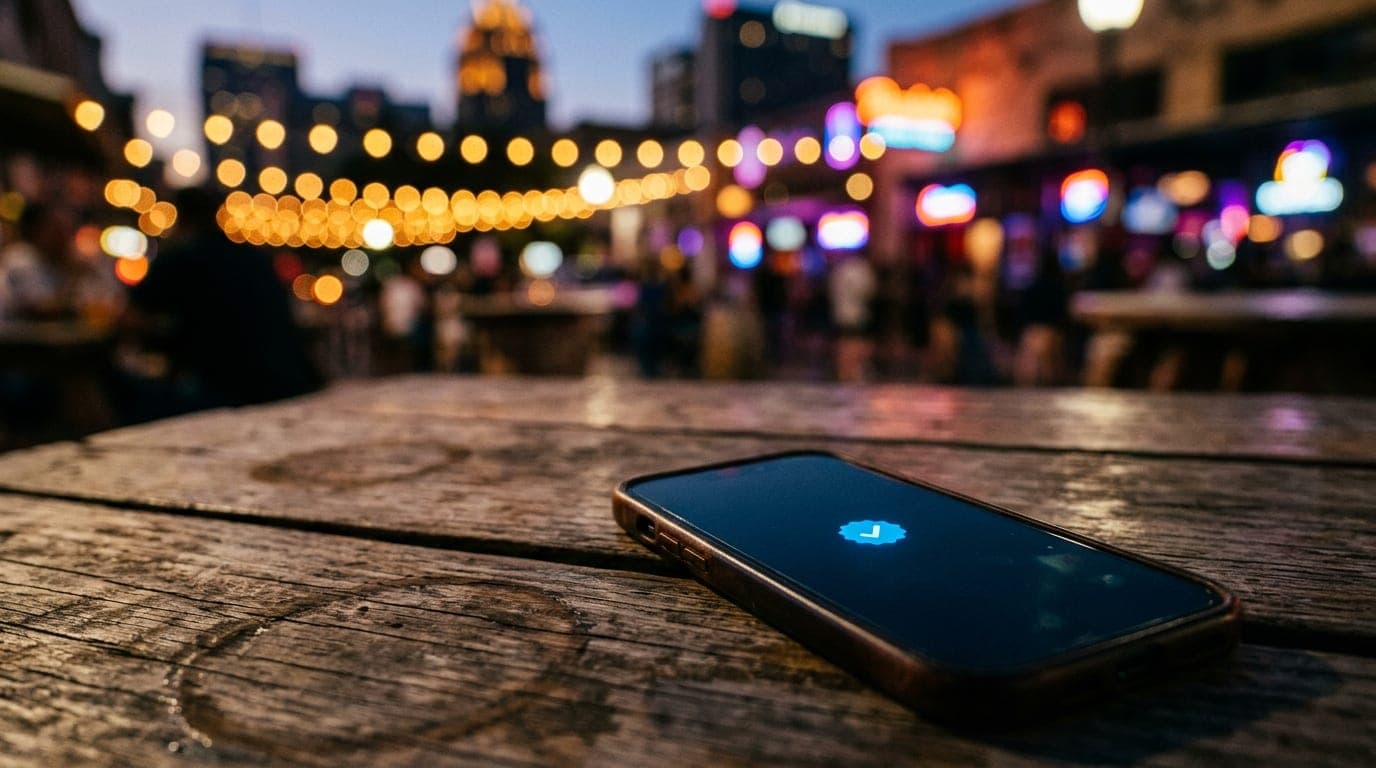 Extreme close-up macro of a verified blue checkmark icon glowing on a smartphone screen, resting on a rustic wooden patio...