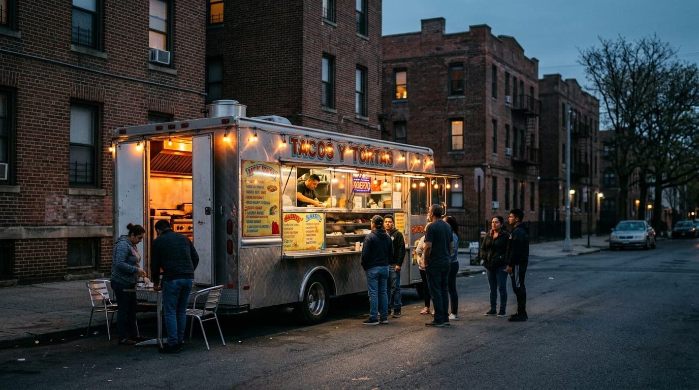 A wide establishing shot at dusk of a vibrant taco truck parked on a quiet Brownsville street, illuminated by warm tungste...