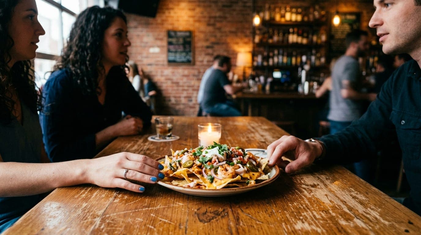 Medium shot inside The Vermillion, candle-lit, selective focus on a wooden table. A couple’s hands touch near a shared, me...