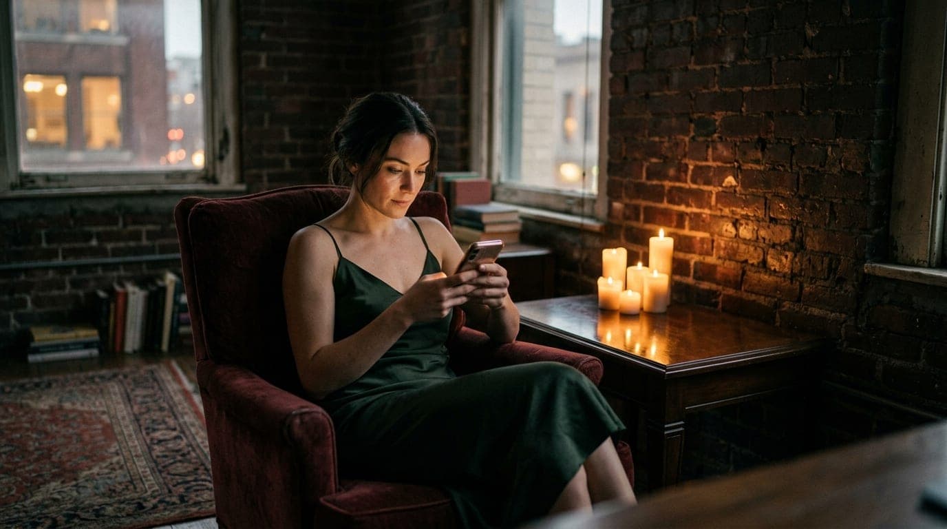 A woman in a silk slip dress sits on a worn velvet armchair inside a dimly candle-lit downtown loft, gazing at a glowing s...