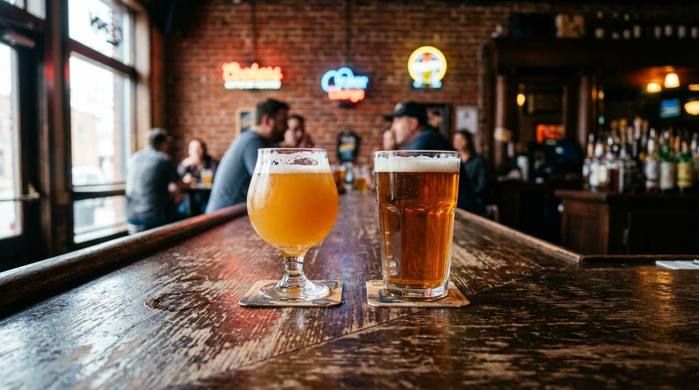 A close-up 24mm wide-angle shot of two craft beer glasses sitting on a weathered, dark wood bar top at The Kraken Lounge,...