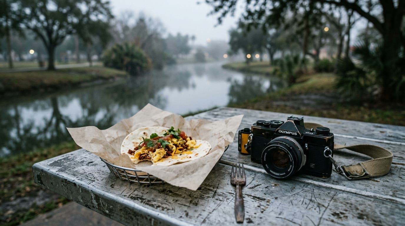 Overcast morning, 35mm shot. A vintage film camera and a half-eaten breakfast taco sit on a scratched metal table at a par...