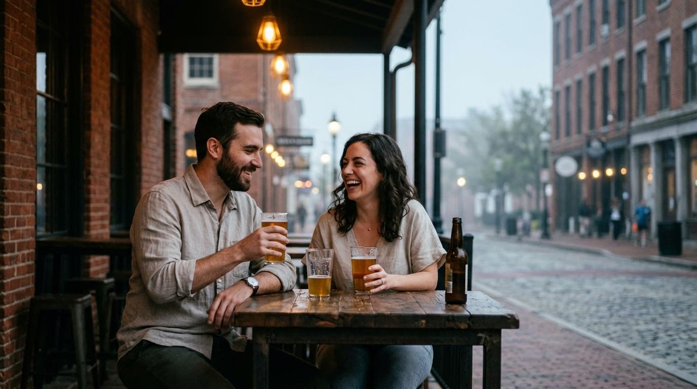 A couple in casual linens shares a craft beer at a high-top table, illuminated by warm tungsten pendant lights. An 85mm po...