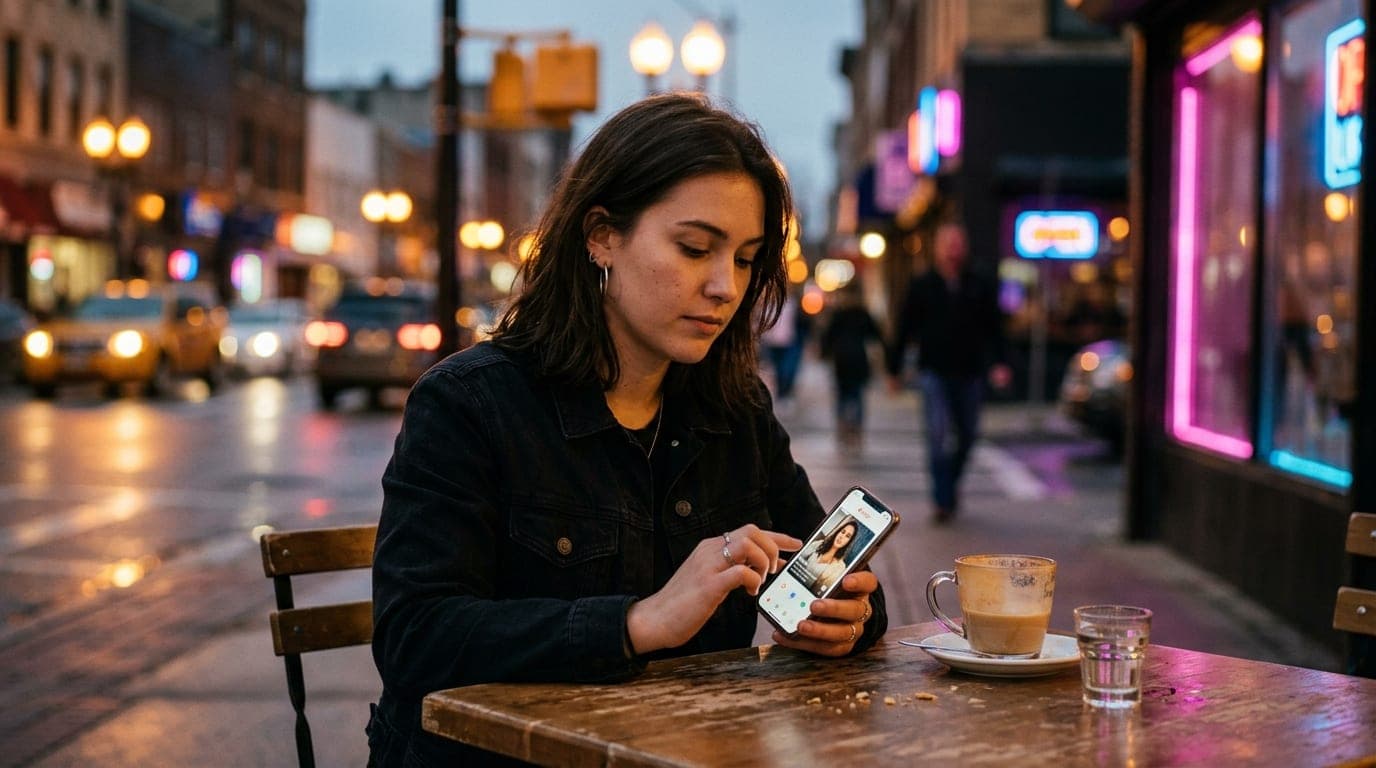85mm portrait, shallow depth of field. A woman in a black denim jacket sits at a downtown Brownsville café table, holding...