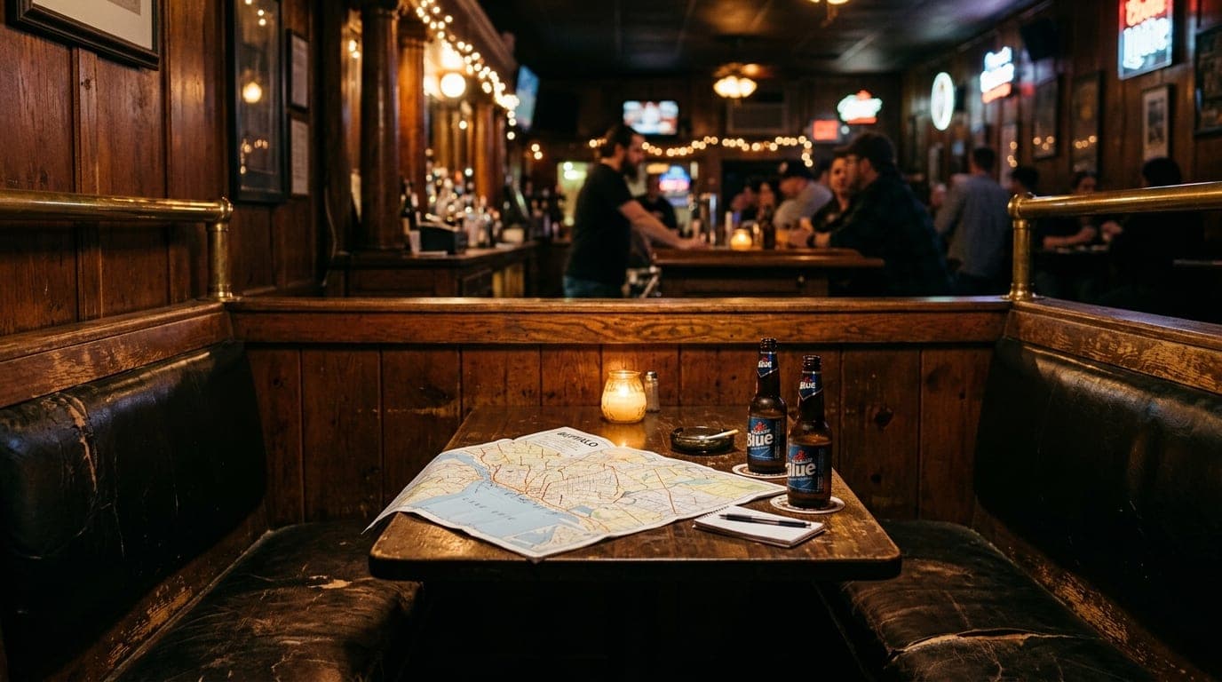 A wide shot of a dive bar booth at midnight, bathed in dim tungsten light. A worn leather seat holds an open map of Buffal...