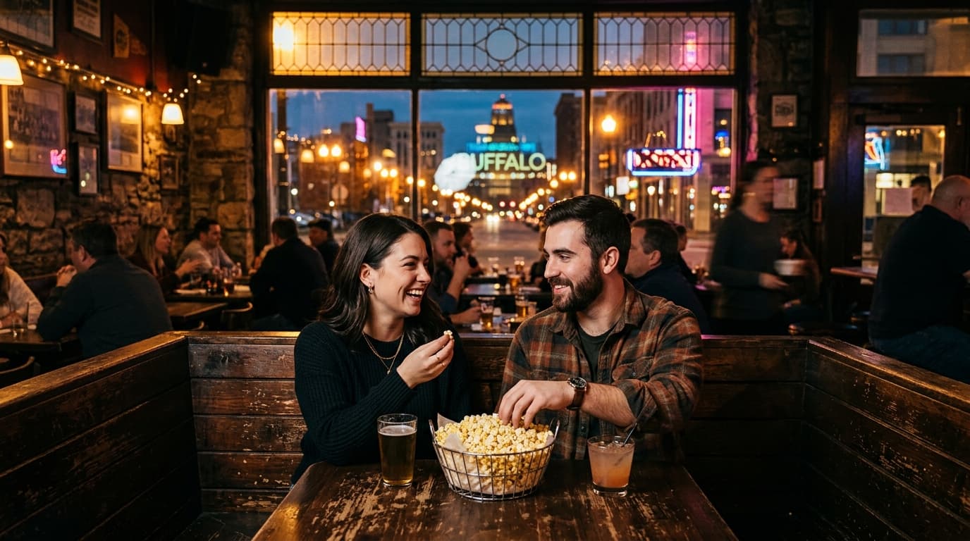 A wide 24mm shot shows a couple sharing a basket of popcorn at a crowded wooden booth inside a dim, history-filled tavern,...