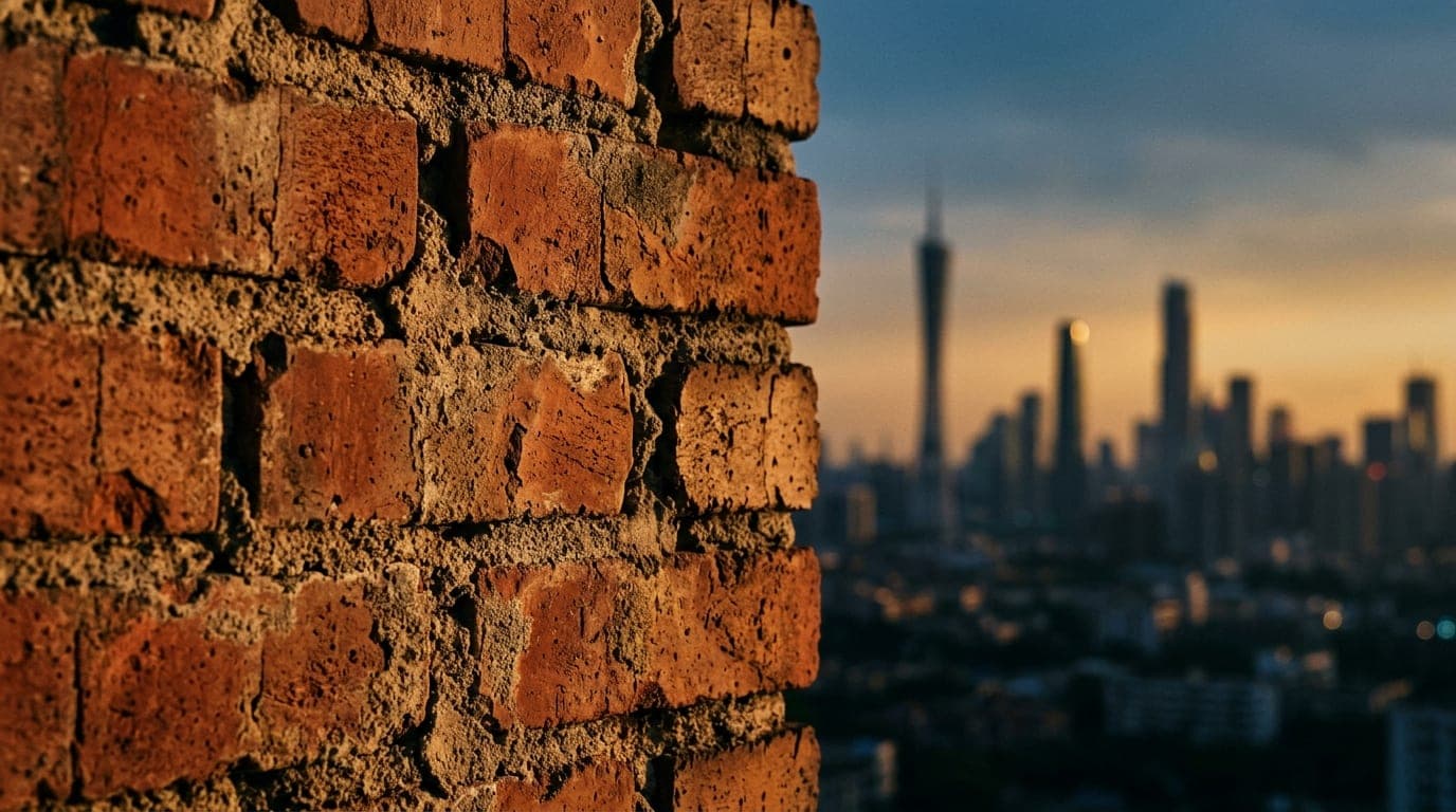An 85mm macro shot of weathered red brickwork on a Canton industrial building, golden hour light highlighting mortar textu...