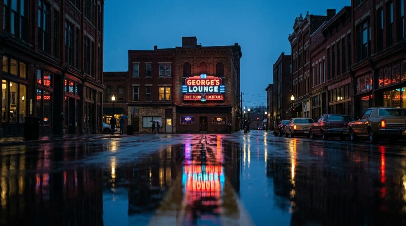 Centered 24mm wide-angle shot of the illuminated George’s Lounge neon sign reflected in a rain-slicked downtown Canton str...